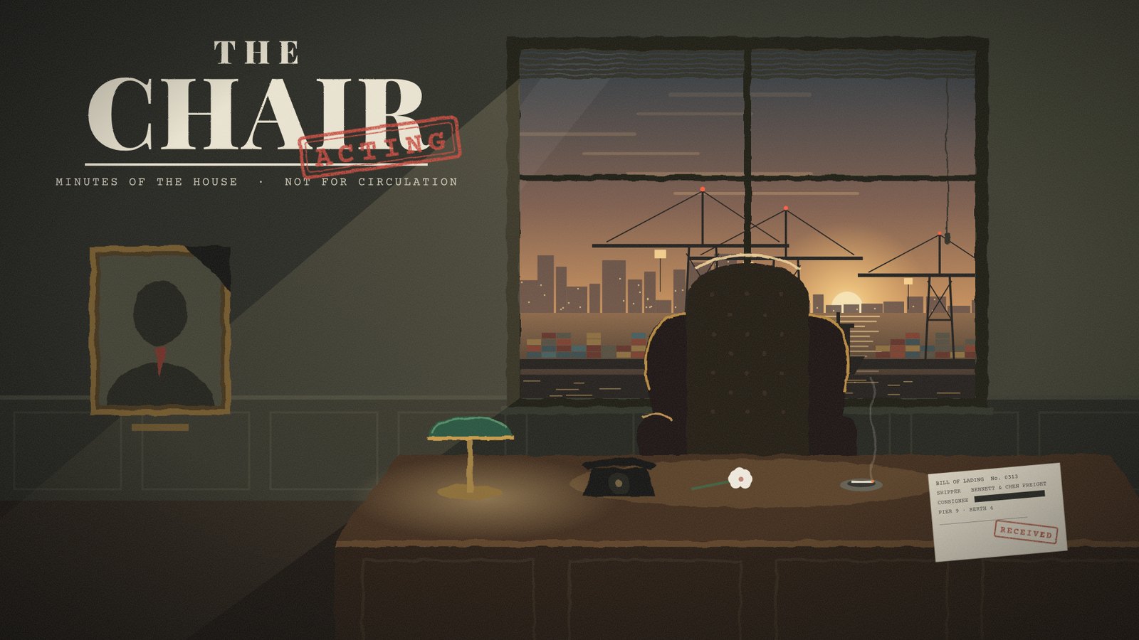Flat, graphic blockout of the office: chair, desk, harbor window and portrait