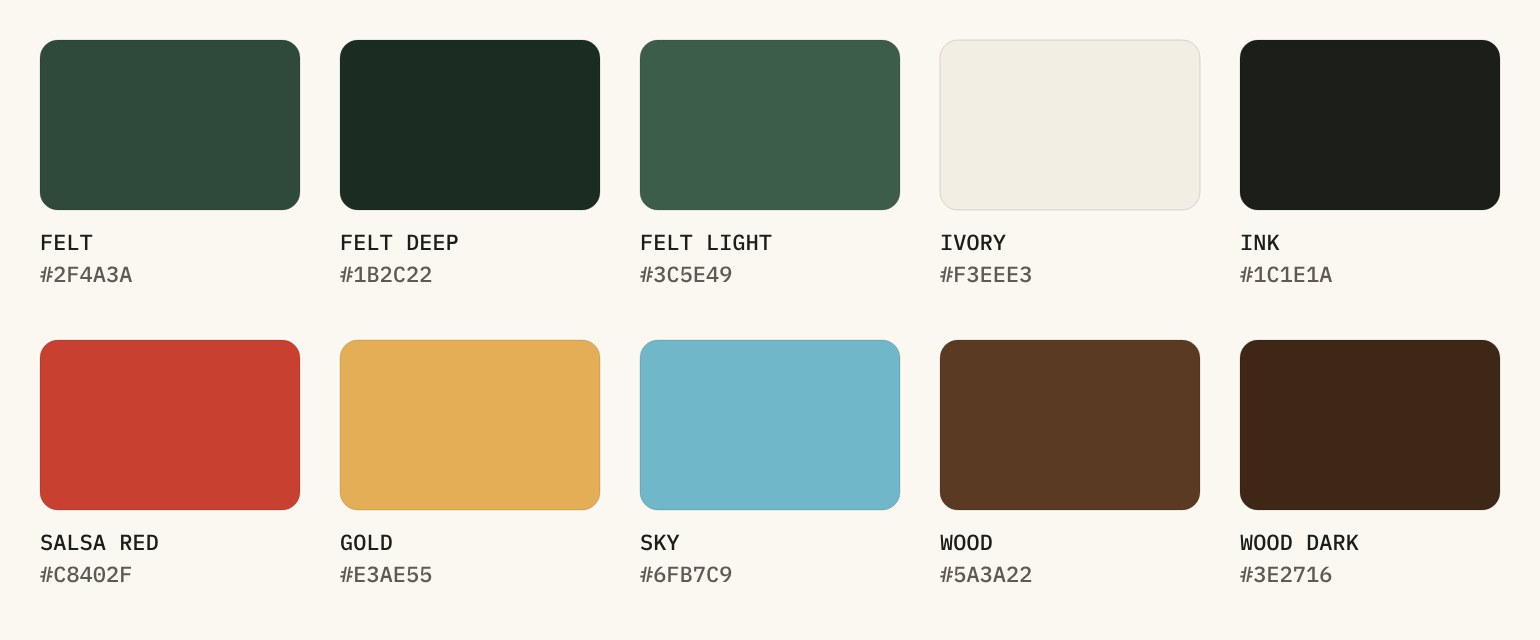 Mesa colour palette: felt greens, ivory, ink, salsa red, gold, sky and wood